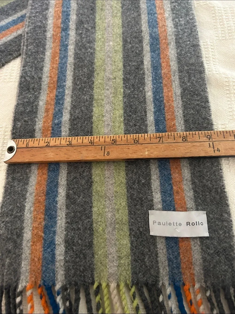 Paulette Rollo Striped long Wool muffler Scarf in Gray, Green & Blue
